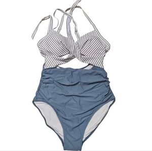 Eomenie Striped & Blue One-Piece Swimsuit – Tummy Control, Ruched Front, Padded